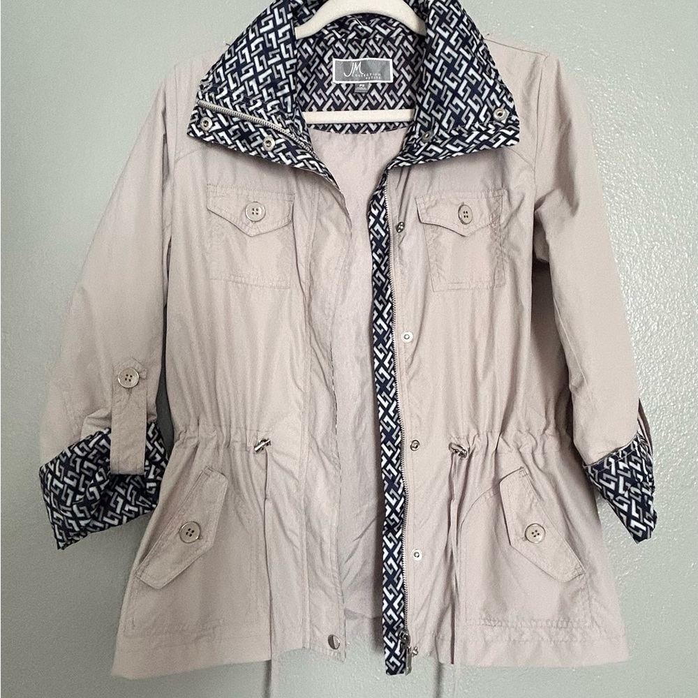 JM Collection Beige Utility Jacket with Navy Pattern